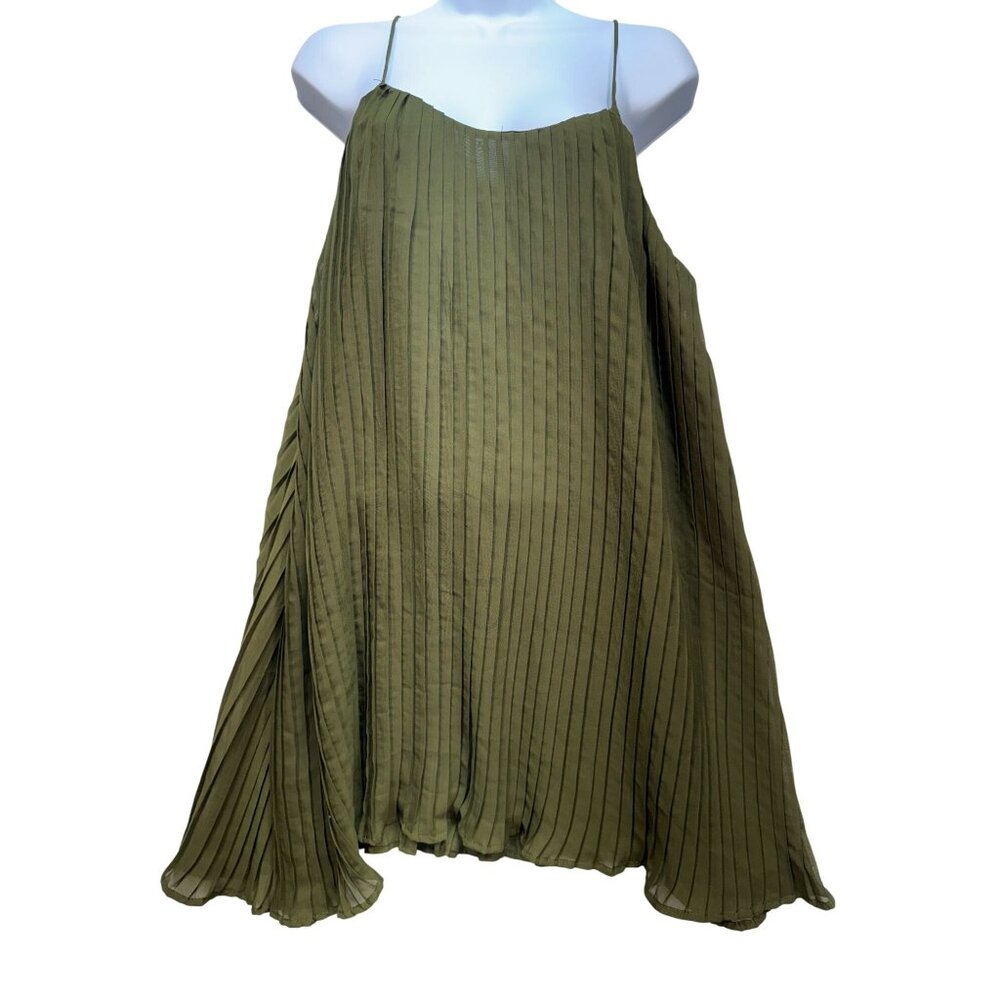 Say What? Pleated Chiffon Swing Dress Size M Olive Green Sleeveless Flowy Chic